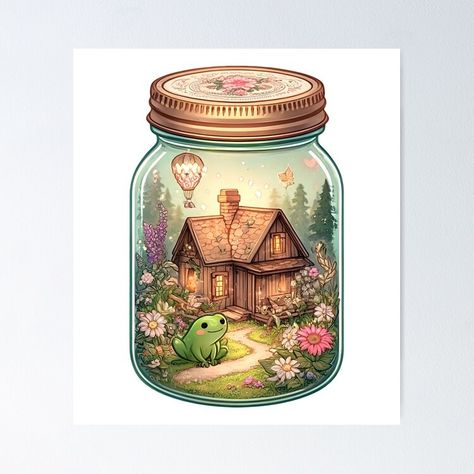 Get my art printed on awesome products. Support me at Redbubble #RBandME: https://www.redbubble.com/i/poster/Cottagecore-Fantasy-Frog-Cottage-and-garden-Mason-Jar-Illustration-by-Unitepeople/160195122.LVTDI?asc=u Fantasy Frog, Jar Illustration, Fantasy Cottagecore, Aesthetic Cottage Core, Core Ideas, Mason Jar Design, Cottage Core Art, Aesthetics Art, Aesthetic Cottage