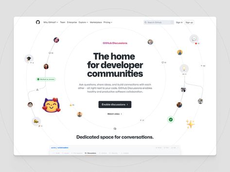 Discussions hero concept by Nicolas Solerieu for GitHub on Dribbble Web Hero Design, Hero Design Ideas, Website Hero Design, Hero Section Web Design, Hero Concept, The Hero's Journey, Hero Section, Beautiful Web Design, Website Design Trends