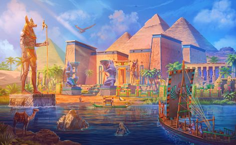 ArtStation - Ancient Egypt, Ilija Mandic Ancient Egyptian Landscape, Ancient Egypt City Concept Art, Egyptian Village Art, Egyptian City Art, Ancient Egypt Landscape, Ancient Egypt Fantasy Art, Ancient Egypt Concept Art, Ancient Egypt Anime, Ancient Egypt Aesthetic Wallpaper