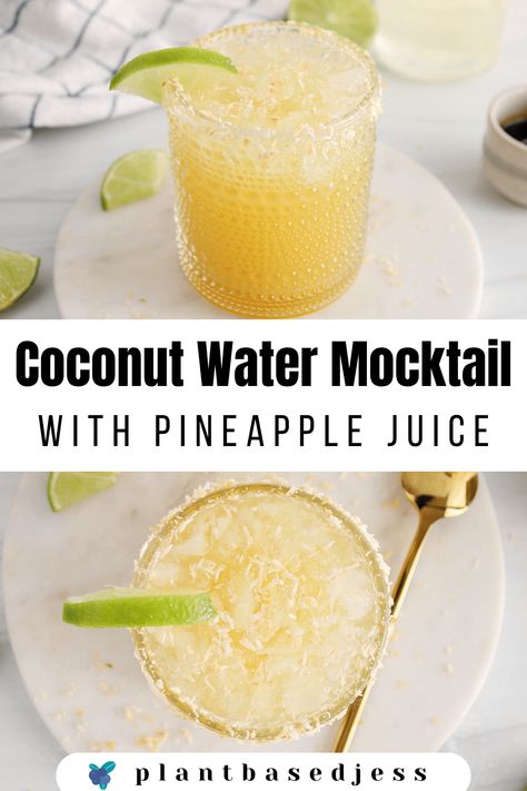 Coconut Water Mocktail with Pineapple - Plant Based Jess Coconut Water Drinks, Special Drinks, Drink Recipes Nonalcoholic, Vegan Drinks, Nutrition Articles, Mocktail Recipe, Water Recipes, Smoothie Drinks, Pineapple Juice