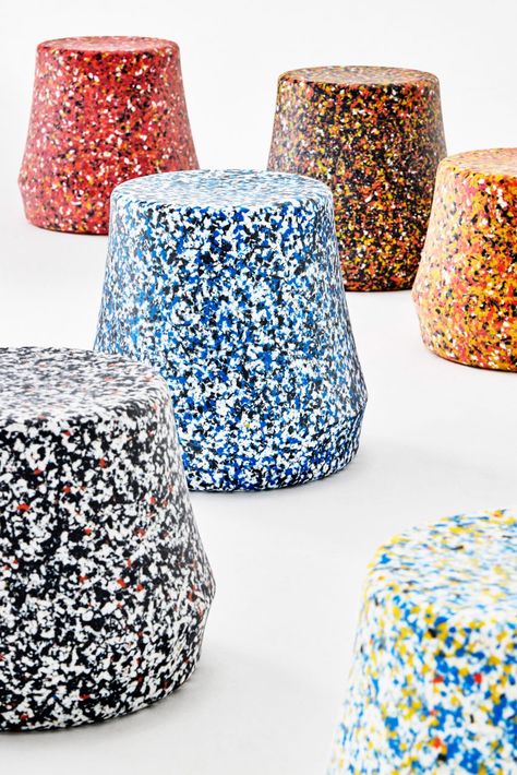 Stump Recycled stool by Derlot Colorful Stools, Colorful Terrazzo, Bathroom Furnishings, Recycled Plastic Furniture, Plastic Furniture, Furnishings Design, Sustainable Furniture, Yanko Design, Milan Design Week