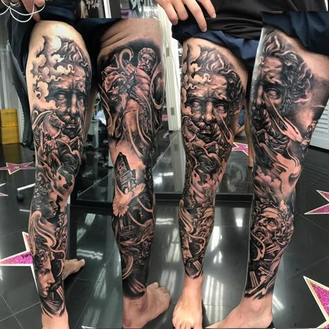 Greek Mythology Tattoos Leg Sleeve Ideas, Greek God Leg Sleeve, Greek Leg Sleeve, Greek Mythology Leg Sleeve, Mens Leg Sleeve Tattoo, Tattoos Leg, Tattoo Perna, Leg Sleeve Tattoos, Tattoo Pierna