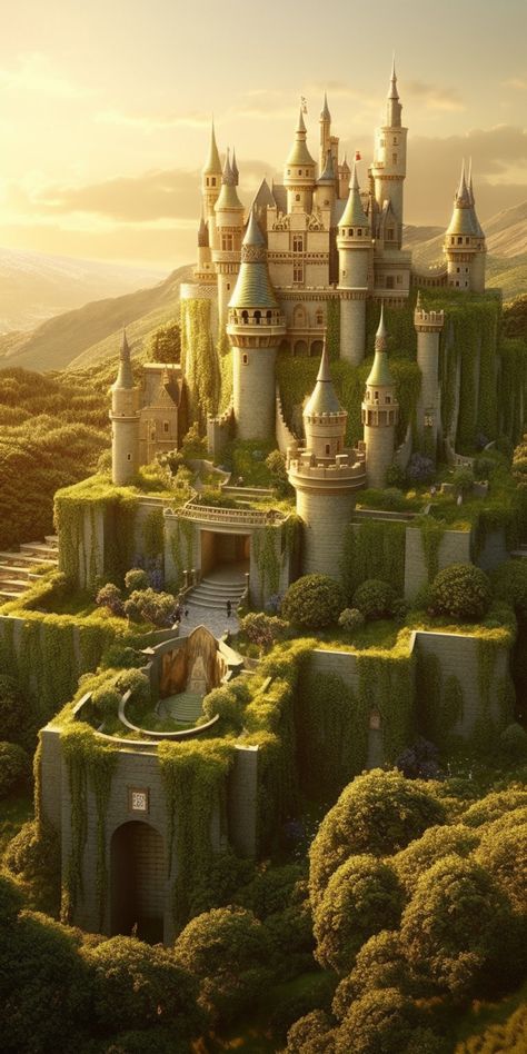 Prompt: luxurious castle with hedge maze, sunrise, gold hours, realistic details --ar 1:2 #ai #midjourneyart #castle #goldenhour #luxury Fantasy Kingdom Inspiration, Golden Castle Fantasy Art, Castle Training Grounds, Mideaval Castle, White And Gold Castle, Forest Castle Aesthetic, Earth Castle, Castle Fantasy Art, Castle Reference