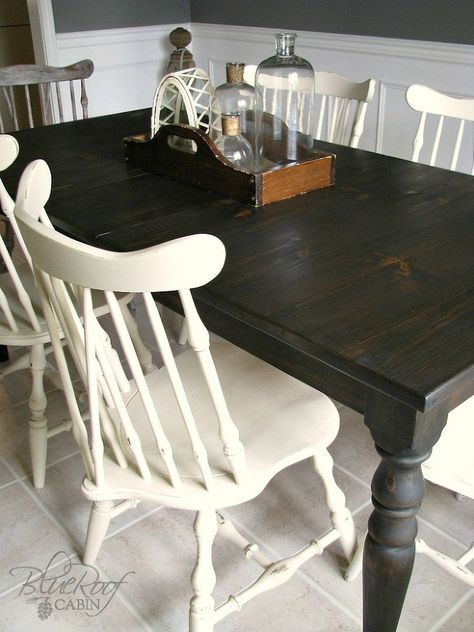 Custom Dark Stained Farm Table Black Kitchen Table, Kitchen Table Makeover, Staining Furniture, White Chairs, Stained Table, Farmhouse Kitchen Tables, Oversized Chair, Dark Stain, Table Makeover