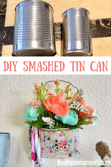 Tin Can Easter Baskets, Gallon Can Crafts, Smash Cans Craft, Crushed Tin Can Crafts, Crushed Can Art, Smashed Can Flower Holder, Smash Can Craft, Crushed Can Crafts, Can Crafts Tin Diy