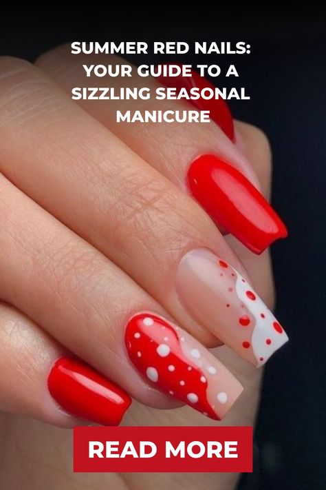 Hand with red and white polka dot nail art, promoting a summer manicure guide. Red Summer Nails Designs, Red Nails For Summer, Summer Red Nails, Viral Nails, Red Summer Nails, Short Red Nails, Sunflower Nail Art, Summer Nails Designs, Bright Red Nails