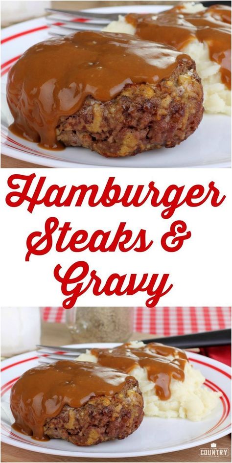 Hamburger Steaks and Gravy recipe from The Country Cook #easy #recipes #maindish #hamburger Medicinal Foods, Hamburger Steak Recipes, Hamburger Steak And Gravy, Hamburger Steaks, Recipe Hacks, Hamburger Steak, Country Cook, Meals Recipes, The Country Cook