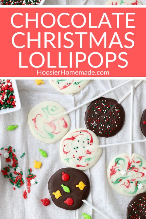 These Chocolate Lollipops are one of the easiest things you will make for Christmas this year! And the kids can help too. #candyrecipe #chocolate #homemadelollipops #easyrecipe Oreo Lollipops, Fun Christmas Treats, Chocolate Suckers, Melt Chocolate In Microwave, Market Tent, Lollipop Recipe, Diy Christmas Candy, Christmas Lollipops, Chocolate Diy