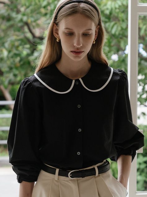 Peter Pan Collar Top Outfit, Peterpan Collar Outfit, Peter Pan Collar Shirt Outfit, Cute Collared Shirts, Collared Top Outfit, Peter Pan Collar Outfit, Collared Shirt Outfit, Black Blouse Outfit, Collared Shirt Outfits