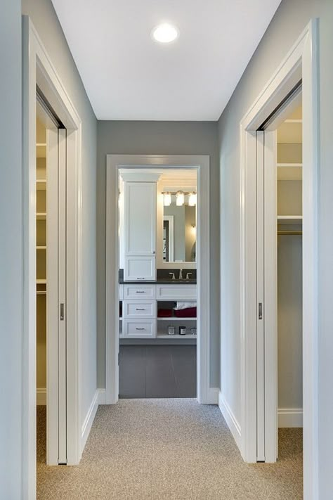 separate his and her closets are located on either side of a hallway, which leads you directly to the master bathroom. Closet To Bathroom, Walk Through Closet, Master Addition, Bedroom With Bathroom, Bedroom Addition, Best Kitchen Design, Closet And Bathroom, Closet Layout, Addition Ideas