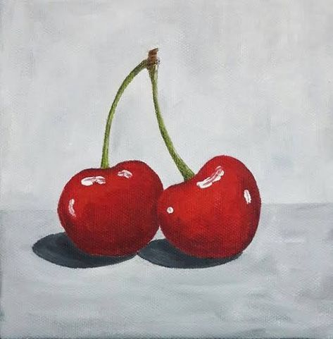 Cherry Painting, Fruit Paintings, Cherry Drawing, Cherries Painting, Cute Easy Paintings, Art Fruit, Tiny Art, Painting Kitchen, Fruit Painting