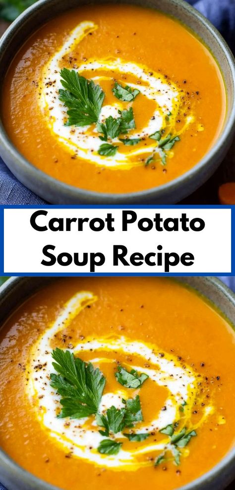 Looking for dinner ideas? Try this Carrot Potato Soup Recipe! It’s a healthy and easy option among soup recipes, blending carrots and potatoes for a satisfying meal. Perfect for simple dinner ideas. Soup Carrots Potatoes, Easy Carrot Recipes Healthy, Potato And Carrot Soup Recipes, Potato And Sweet Potato Soup, Carrot Puree Soup, Potato Carrot Soup Recipe, Leftover Carrot Recipes, Carrot And Potato Recipes, Carrot Soup Recipes Easy