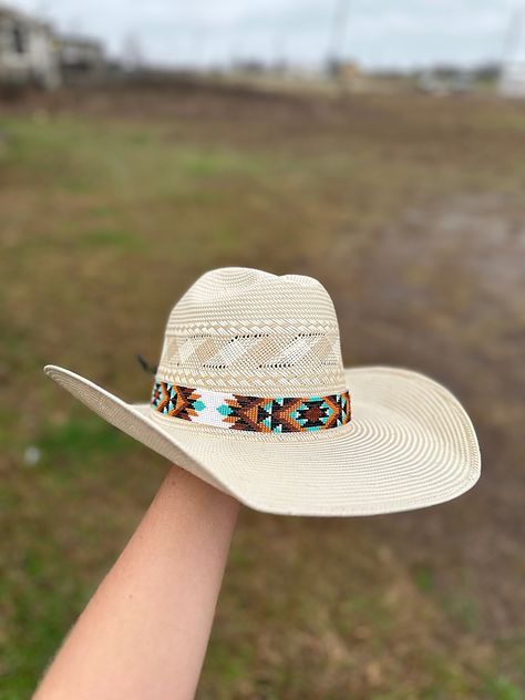 This beaded hat band will bring to your western look. Featuring bright, intricate beading, this hat band will bring a pop of color and texture to your wardrobe. Make a statement with this unique accessory. -The leather adds a extra 11 inches. The leather ties make the hat band adjustable to your hat. -The length of the entire band is 33 inches. (Hat is not included) I do the Beaded work and my boyfriend does the leather work of the hat bands.  ( These hat bands take 3-4 weeks depending on the orders that might be in front of you) ( Disclaimer: All items are uniquely crafted and created by GenZCreations. Our Items are NOT AUTHENTIC American Indian or Alaska Native American nor do they represent any Indian Tribe) Christmas List For Boyfriend, Tooled Leather Hat Band, Kimes Ranch Hats, Beaded Hat Band Patterns, Cow Boy Hats, Western Hats For Women, Cowboys Hats, Womens Western Hats, Cowgirl Hats Western