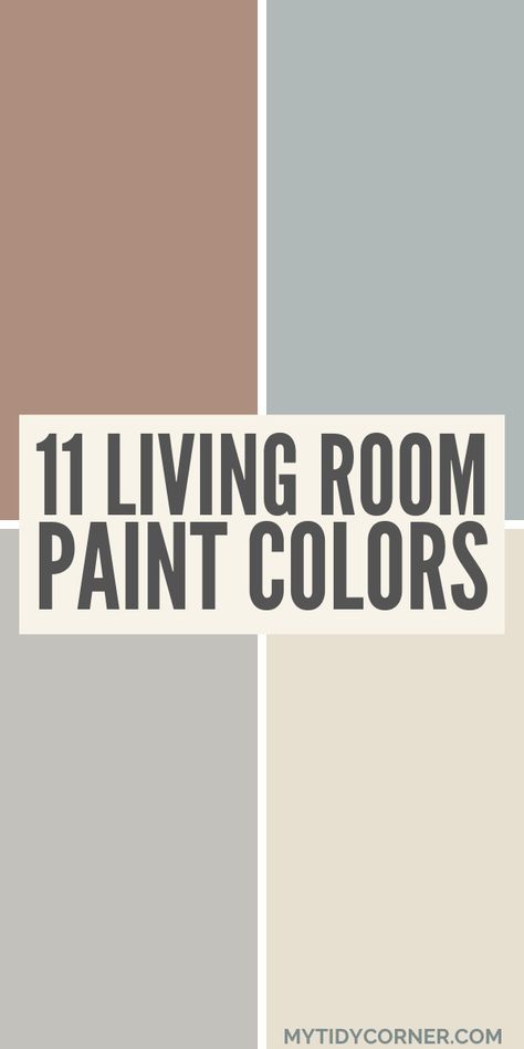 collage of neutral living room paint colors. Natural Color Scheme Living Room, Neutral Paint For Living Room, Good Colors For Living Room Walls, Farmhouse Living Room Paint Color Ideas, Interior Paint Colors To Make House Look Bigger, Candlelight Paint Color, Farmhouse Family Room Paint Colors, Gray Colors For Living Room Walls, Living Room Colors For Small Space