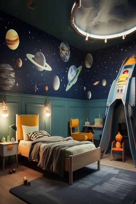 Space themed toddler boy bedroom with rocket and planet decorations Toddler Space Room, Boys Space Room, Kids Bedroom Space, Rooms For Boys, Boy Room Themes, Space Kids Room, Boys Bedroom Themes, Sons Room, Toddler Boy Room Decor