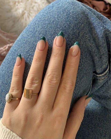 nails, nail inspo Coloured French Nails Tips Almond, Green French Tips Nails, Dark Green French Tips, French Tips Green, Gel Nails Green, Dark Green French, Green French Tips, French Tip Gel Nails, Almond Nails French