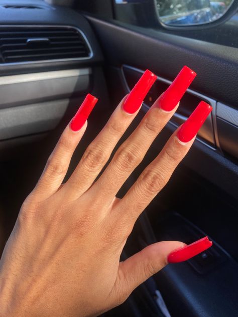 Red tapered square acrylic long length nails red polish tips shiny red bright red Red Acrylic Nails Long Square, Long Tapered Square Nails Red, Full Red Acrylic Nails, Red Tapered Square Nails Medium, Hot Red Acrylic Nails, Holiday Nails Long Square, Red Long Square Acrylic Nails, Bright Red Matte Nails, Red Acrylic Nails Tapered Square