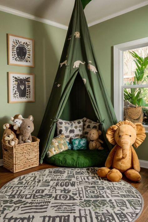 JungleSafari, KidsPlayroom, InteriorDesign, AdventurePlayroom Safari Kids, Wild Jungle, Leafy Plants, Kids' Playroom, Reading Nooks, Safari Adventure, Adventure Explore, Jungle Safari, Cozy Reading Nook