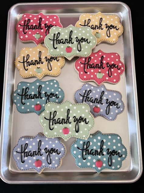 Pastor Appreciation Cookies Decorated, Thank You Cookies Decorated Simple, Teacher Appreciation Royal Icing Cookies, Thank You Royal Icing Cookies, Thank You Sugar Cookies Royal Icing, Appreciation Cookies Decorated, Thank You Sugar Cookies, Thank You Cookies Decorated, Teachers Cookies