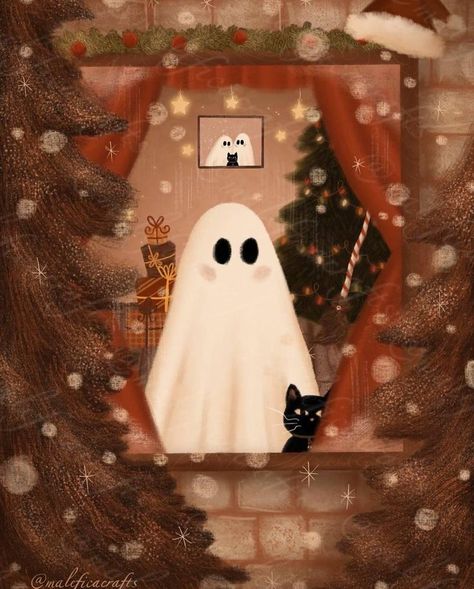 Christmas Ghosts Wallpaper, Spooky Winter Aesthetic, Ghost Christmas Wallpaper, Christmas Ghost Wallpaper, Cozy Winter Aesthetic Wallpaper, Winter Ghost, Ghost Christmas, Scary Christmas, Fall Drawings