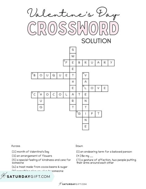 Valentine's Day crossword puzzle printable solution. Cute & free printables by SaturdayGift. Great Valentine's Day puzzles for kids and any puzzle lovers. Cross Words Puzzle For Kids, Word Puzzles For Kids, Printable Crossword Puzzles, Free Printable Puzzles, Free Printable Games, Sudoku Puzzles, Crossword Puzzles, Printable Puzzles, Word Bank