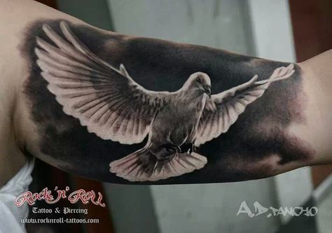 Amazing Tattoo #Ink #BodyArt Cloud Dove Tattoo, Dove Bicep Tattoo, Dove Forearm Tattoo, Pigeon Tattoo, Bicep Tattoo Men, Dove Tattoo Design, Vogel Tattoo, Inner Bicep Tattoo, Dove Tattoos