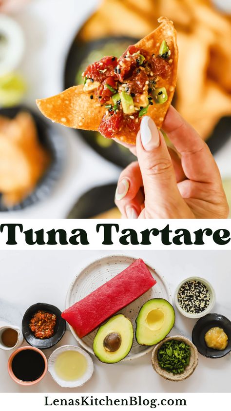 If you're craving a refreshing, sophisticated, and easy-to-make dish, this tuna tartare recipe is exactly what you need! It showcases sushi-grade ahi tuna and creamy avocado, all tossed in a vibrant, Asian-inspired marinade. Serve it as a light appetizer or entrée accompanied by seaweed or crispy wonton chips. Tuna Tartare Appetizer, Raw Tuna Recipes, Raw Tuna Recipe, Tuna Tartare Recipe, Tuna Appetizer, Ahi Tuna Recipe, Avocado Appetizer, Tartare Recipe, Wonton Chips