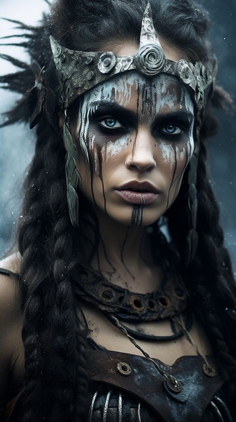 Viking Photoshoot Warrior Princess, Female Viking Art, Viking Makeup Female Warrior, Warrior Witch, Viking Face Paint, Warrior Makeup, Viking Halloween Costume, Earth Warrior, Viking Makeup