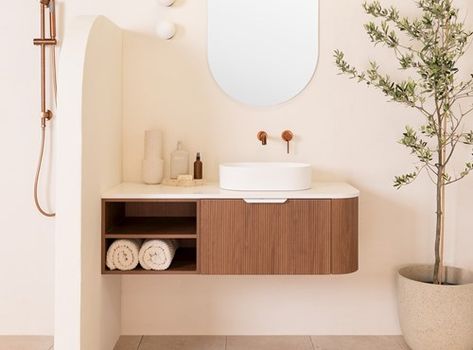 Waverley Curved Vanity | ADP Renovation Planner, Architectural Designer, V Groove, Inset Basin, Upstairs Bathrooms, Designer Products, Wall Hung Vanity, Laundry In Bathroom, Cherry Pie