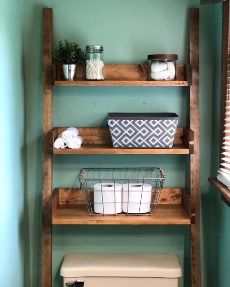 Bathroom Shelving Ideas, Above The Toilet Storage, Over The Toilet Ladder, Making Shelves, Dark Wood Shelves, Brass Shelving, Alcove Shelves, Black Bathroom Hardware, Retro Shelves