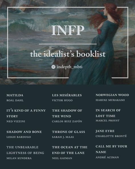 INFP Booklist Infp Books To Read, Infp Look Book, Infp Book Recommendation, Intj Personality Booklist, Infp Movie List, Books For Infps, Mbti Booklist, Infp Playlist, Enfp Booklist