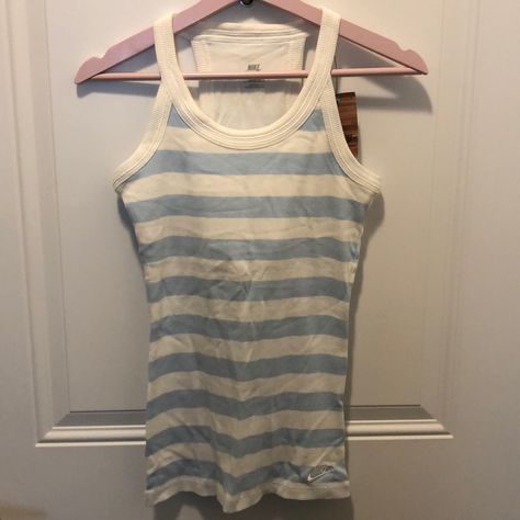 Nwt Nike White And Light Blue Striped Tank Top. Has Built In Bra Too! Cute Blue Tank Top, Sporty Fitted Light Blue Tank Top, Light Blue Nike Cotton Tops, Blue Y2k Tank Top For Spring, Blue Playful Tank Top, Y2k Clothing, Sublimation Ideas, Nike White, Cute Outfits For School