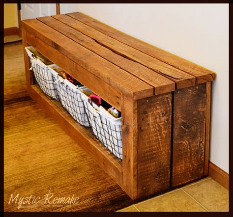 Pallet Wood Storage Bench - In desperate need of a shoe storage solution by our garage entry, my hubby and I set out to test our pallet wood skills. We had been… Wood Storage Bench, Hobby Ideas, Pallet Creations, Pallet Crafts, Bench With Shoe Storage, Wood Pallet Projects, Wooden Bench, Pallet Ideas, Diy Pallet Projects