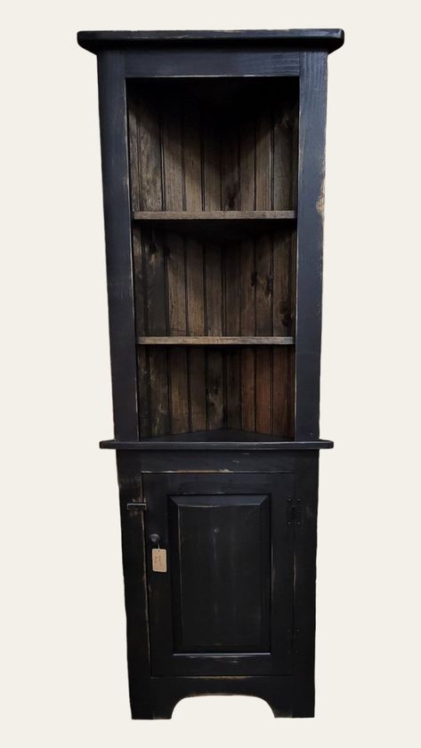 Small Corner Hutch, Solid Wood Display Cabinet,  Corner cabinet, Rustic Furniture, Farmhouse Decor by ChristianFredricks on Etsy Black Paint Cabinets, Corner Hutch Decor, Entry Corner, Black Corner Cabinet, Stairway Landing, Counter Top Decor, Wood Display Cabinet, Corner Organizer, Corner Hutch