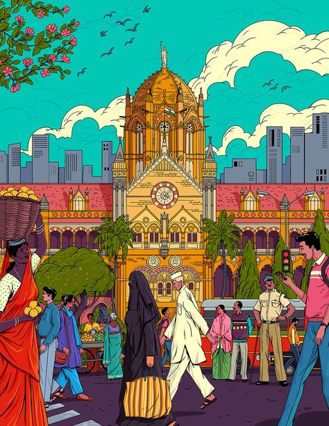 Illustrations 2020 on Behance Csmt Mumbai, Mumbai Illustration, Pop Illustrations, Aamchi Mumbai, Indian Illustration, Pop Illustration, Watercolor On Wood, City Illustration, Open Arms