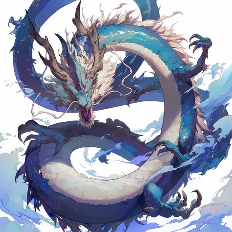 Long Chinese dragon in blue, white background, anime style. Blue Eastern Dragon, Azure Dragon Of The East, Long Dragon Art, White Eastern Dragon, Chinese Dragon Oc, Japanese Water Dragon, Blue Dragon Anime, White Background Anime, White Dragon Art