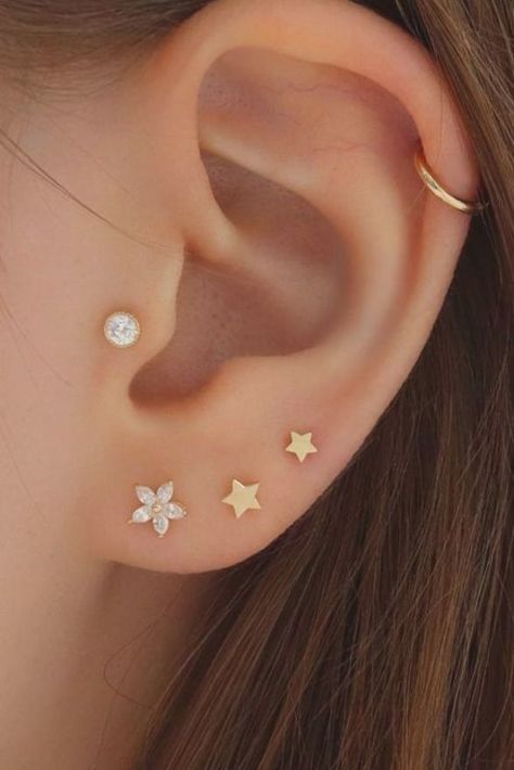 Double Tongue Piercing, Ear Piercings Chart, Piercing Chart, Silver Star Earrings, Multiple Ear Piercings, Ear Piercings Cartilage, Geometric Studs, Lobe Piercing, Star Earrings Stud