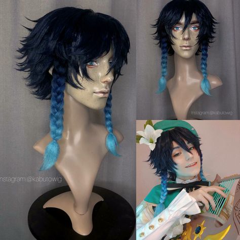 Venti Wig Genshin, Venti Wig Styled, Venti Cosplay Makeup, Scaramouche Haircut Style, Venti Haircut In Real Life, Venti Makeup, Venti Hair, Venti Haircut, Venti Cosplay