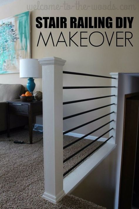 Stair Railing Diy, Stairs Makeover Design, Stair Railing Makeover, Diy Stair Railing, Indoor Railing, Stairs Railing, Stairs Renovation, Stair Makeover, Staircase Railing Design