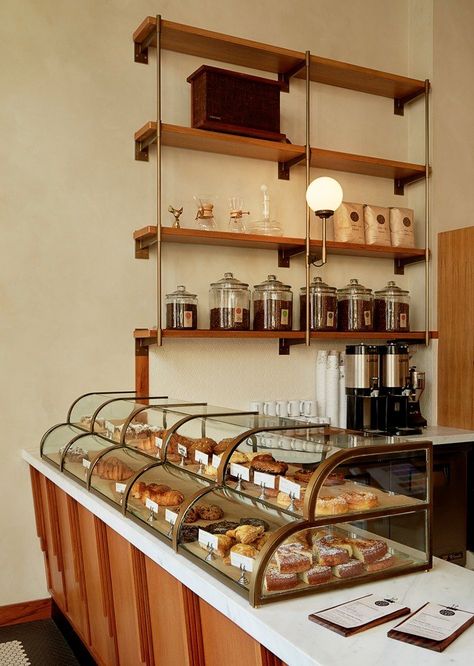 Restaurant Floating Shelves, Diy Cafe Counter, L Shaped Coffee Bar Ideas, Cafe Shop Ideas, Modern Candy Shop, Coffee Restaurant Design, Cafe Shelving, Sandwich Shop Interior, Bakery Decor Ideas