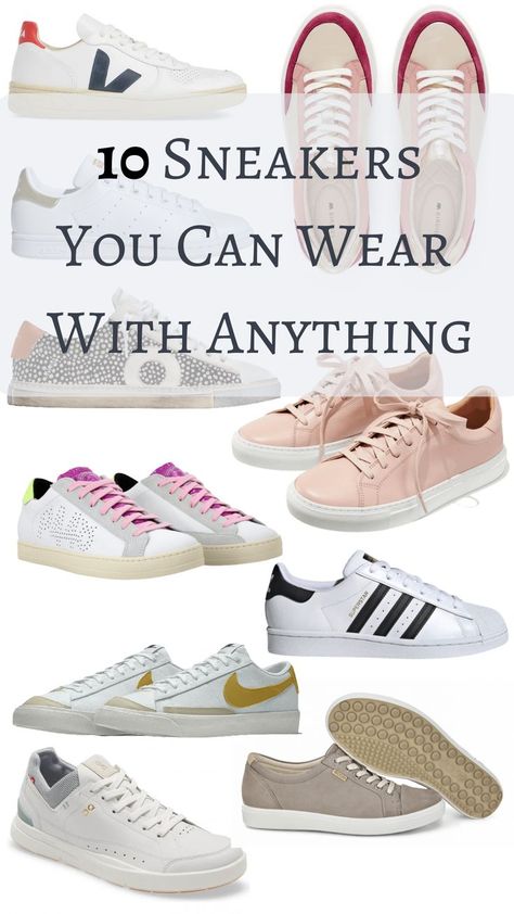 We're celebrating the versatility of today's sneakers trends, which can just as easily be worn with sweats and jeans as dresses and trousers. Check out these 10 fabulous pairs that can be dressed up or down! Casual Shoes With Jeans Women, Versatile Sneakers Women, Cute Sneakers To Wear With Dresses, Tennis Shoes 2023 Trends, Women’s Casual Shoe, Sneakers That Go With Dresses, Tretorn Rawlins Sneakers Outfit, How To Dress Up Tennis Shoes, Cool Tennis Shoes Women