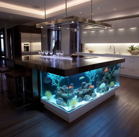 Kitchen-Island-Aquarium-Ideas Kitchen Island Fish Tank, Interior Design Sites, Wall Aquarium, Cool Fish Tanks, Tropical Aquarium, Island Bench, Home Aquarium, Cool Fish, Aquarium Design