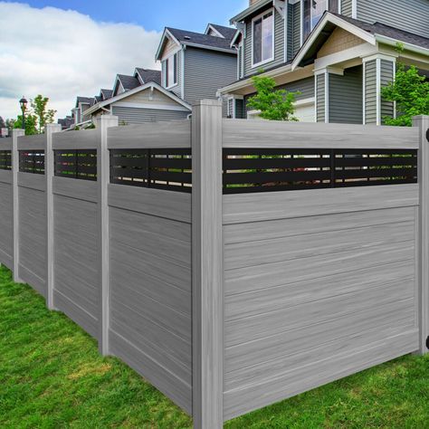 Horizontal Vinyl Fence Ideas, Vinyl Fencing Front Yard, Grey Privacy Fence, Barrette Outdoor Living, Horizontal Fence Panels, Vinyl Fence Ideas Backyards, Vinyl Privacy Fence Ideas, Modern Fence Design Wood, Horizontal Wood Fence Design