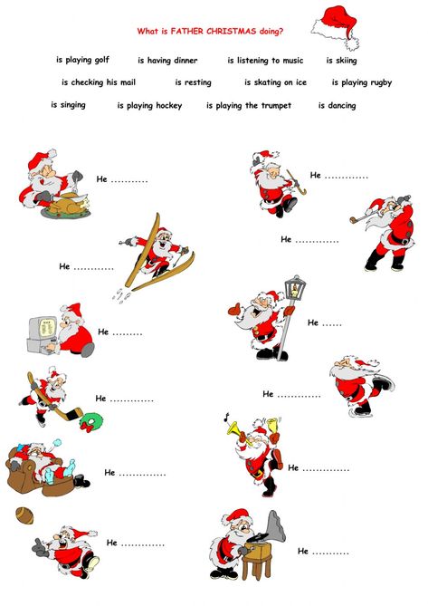 What is father Christmas doing? worksheet Christmas Grammar Worksheets, Christmas Worksheets For Kids 4th Grade, Christmas Exercises For Kids, New Years Worksheets For Kids, Christmas Lessons For Kids, New Year Worksheets For Kids, Santa Worksheet, Christmas Exercise, Christmas Worksheets For Kids