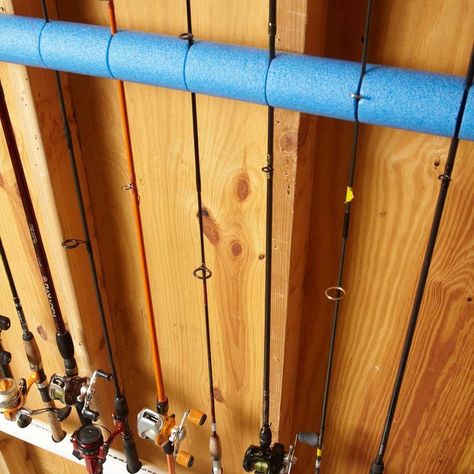 Fishing Pole Storage, Foam Noodles, Garage Update, Fishing Rod Storage, Garage Organize, Diy Garage Storage, Garage Makeover, Fishing Rod Holder, Pool Noodles