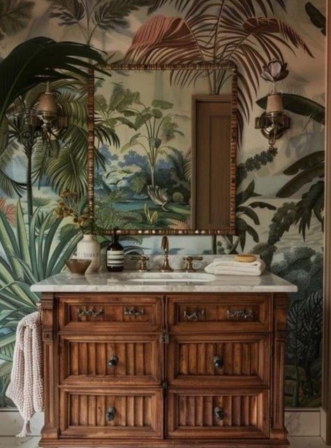 Bright Tropical Wallpaper, Tropical Bathroom Wallpaper, Old Florida Interior Design, British Colonial Decor Bathroom, British Colonial Style Bathroom, Bright Academia Aesthetic, British Colonial Bathroom, Stair Wallpaper, Modern British Colonial Style