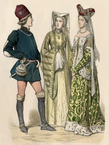 size: 12x9in Giclee Print: Court Costume in England around 1400 - Court Dress in England about 1400. Antique Hand-Colored Prin : Escoffion Medieval, Historical Medieval Dress, Medieval 400-1400 Ad Fashion, Costume Design Tips, Historically Accurate Medieval Clothing, 1430s Fashion, 1400 Fashion, Pippin Costumes, Late Medieval Clothing