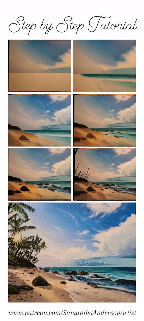 Beach painting Palm trees rocks waves ocean Summer Landscape Painting Acrylics, How To Paint Scenery Step By Step, Acrylic Water Painting Tutorial, Paint Nite Step By Step, How To Paint Greenery, Acrylic Painting Ideas Tutorial, Paint Along Tutorials Acrylic, Acrylic Painting Seascape, Acrylic Painting Process