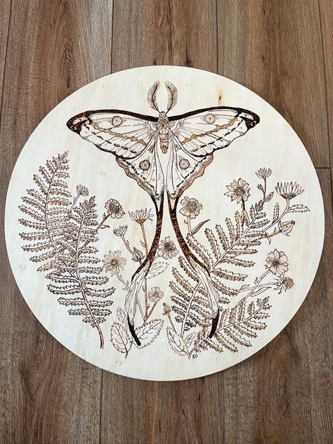 Aesthetic Wood Burning, Moth Wood Burning, Cottagecore Wood Burning, Cottage Core Wood Burning, Cottagecore Pyrography, Wood Burning Aesthetic, Boho Pyrography, Witchy Pyrography, Witchy Wood Burning Ideas