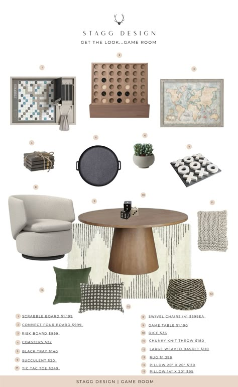 Get the Look: Family Game Room Lounge Table And Chairs, Gender Neutral Game Room, Family Room Play Area, Coffee Game Table, Studio Mcgee Game Room, Game Room Mood Board, Family Board Game Room, Small Game Table In Living Room, Game Nook In Living Room